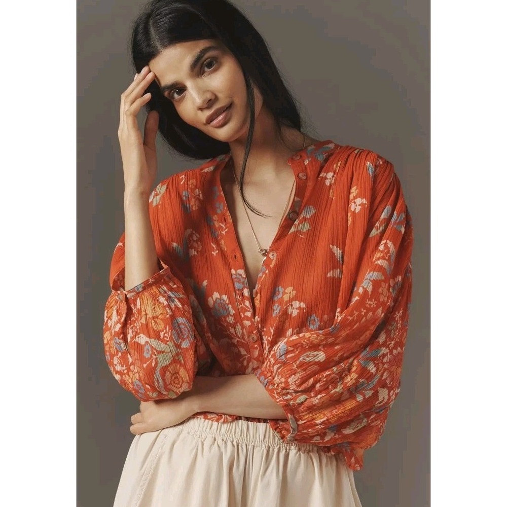 Pilcro Anthropologie Sidney Batwing Peasant Blouse Red Floral Gauze Top Sz S